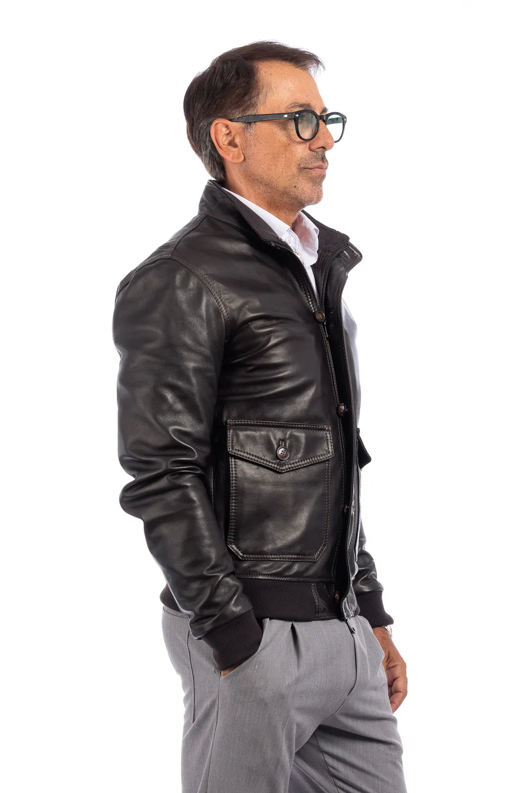 Men’s leather jacket with buttons and zipper VAST elasticated dark brown