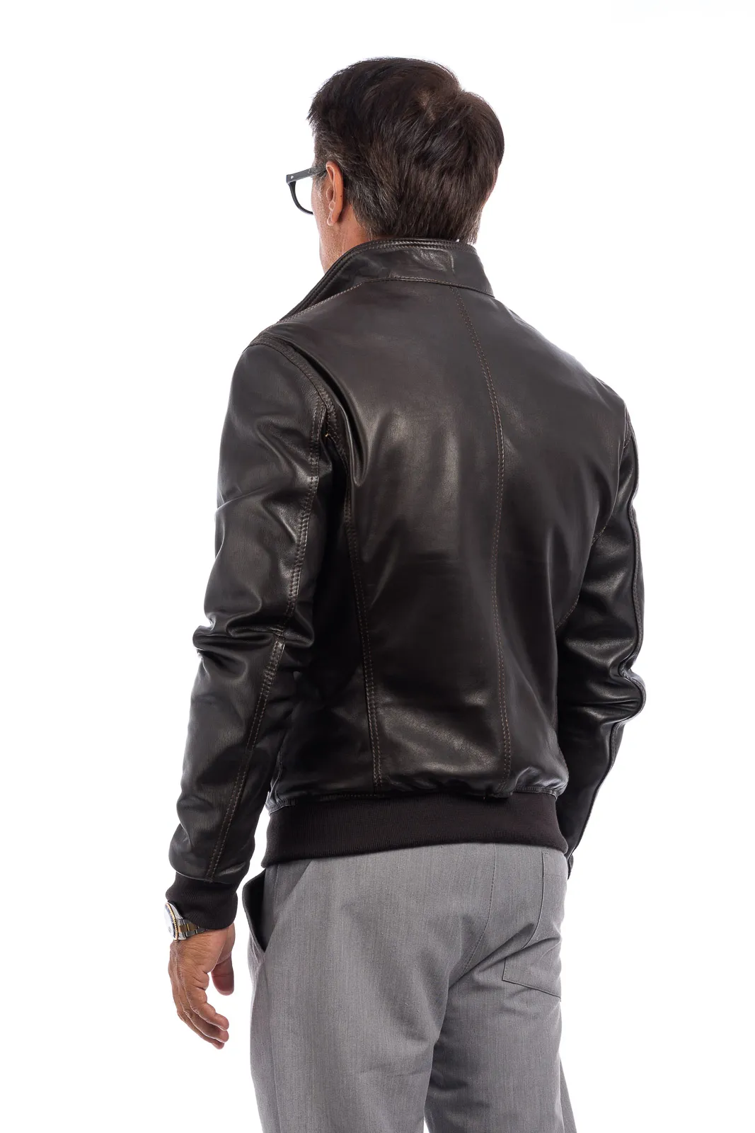 Men’s leather jacket with buttons and zipper VAST elasticated dark brown