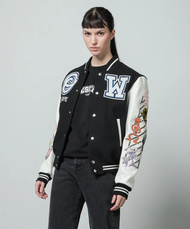 Off-White Bomber Logic di colore nero con toppe OMJA059G23LEA001