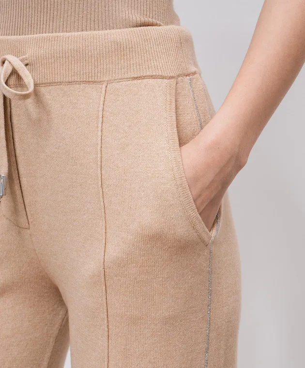 Peserico Pantaloni della tuta beige realizzati in lana, seta e cashmere con catena monil A94076F1209018