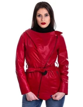 Red genuine leather women's hooded jacket