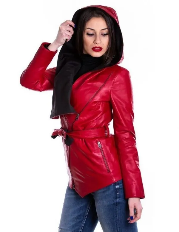 Red genuine leather women's hooded jacket