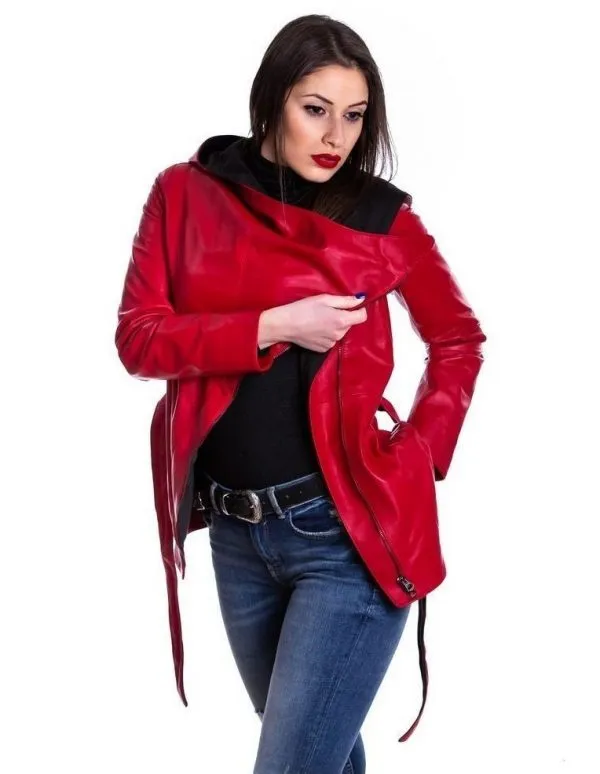 Red genuine leather women's hooded jacket