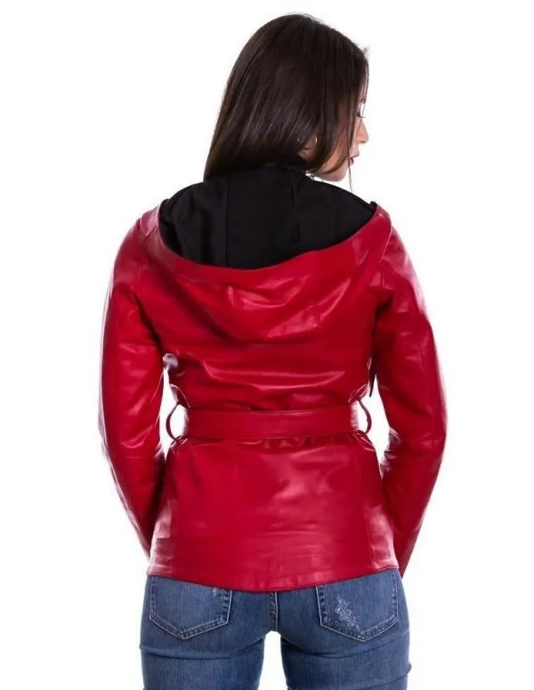 Red genuine leather women's hooded jacket