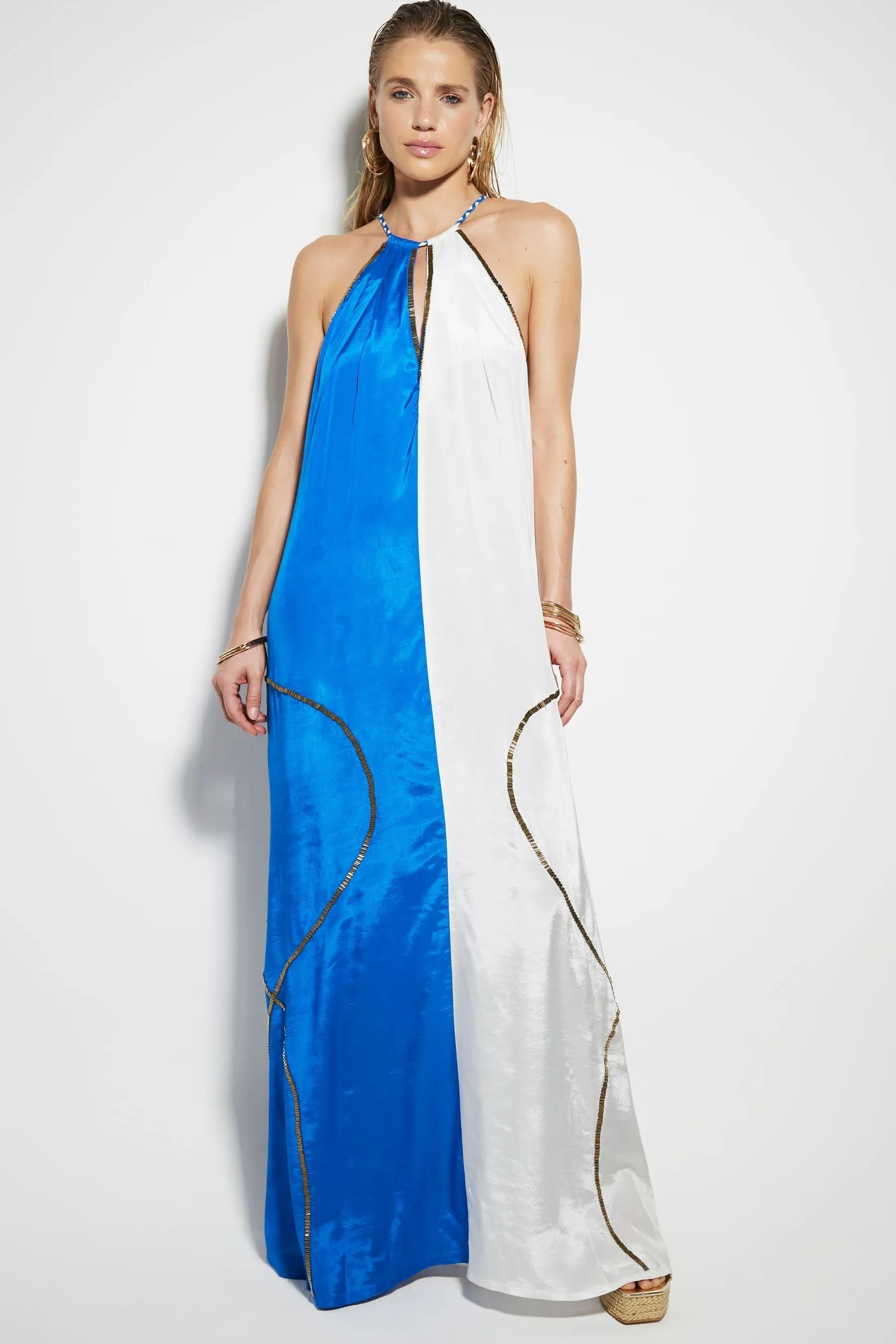 River Island - Abito maxi con scollo all'americana blocchi di colore con scollo con scollo all'americana