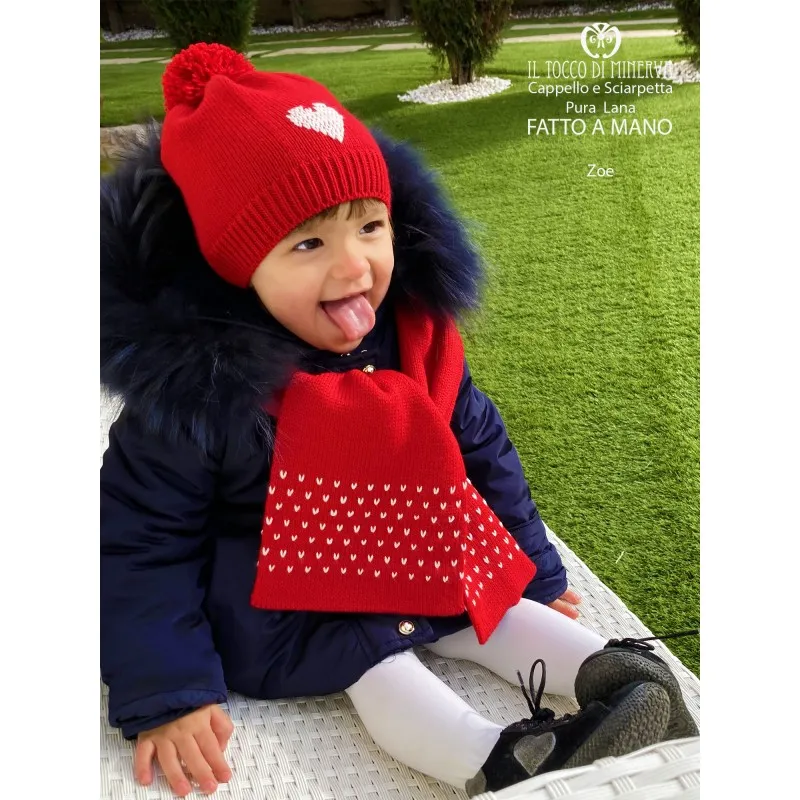 Sciarpa e cappello bimba  pura lana rosso e bianco zoe - Realizzato a Mano