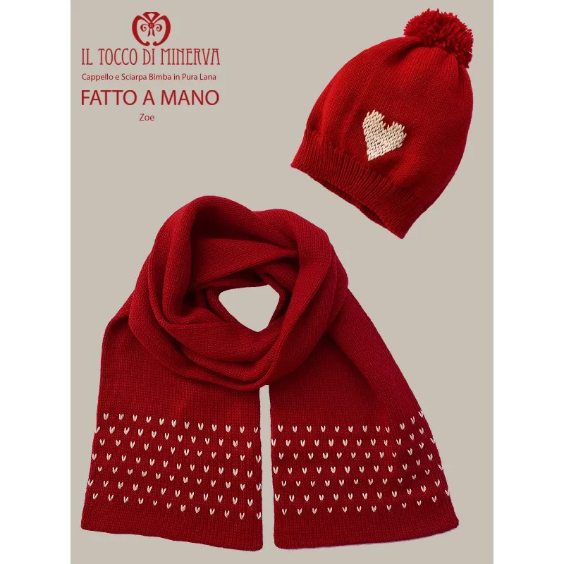 Sciarpa e cappello bimba  pura lana rosso e bianco zoe - Realizzato a Mano