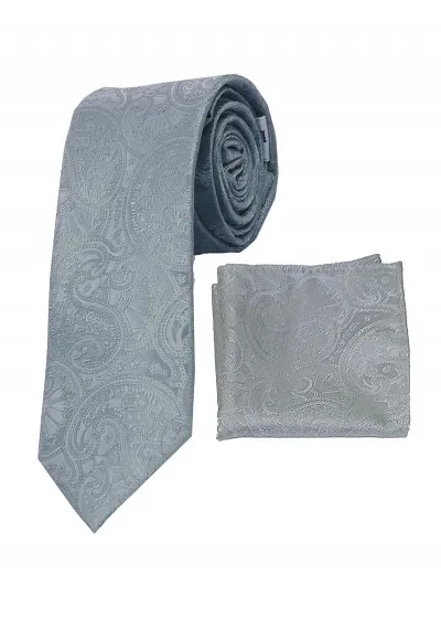 Set cravatta e sciarpa grigio argento motivo Paisley tinta unita