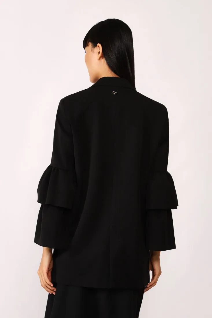  Solid-colour single-breasted blazer with ruffled sleeves    