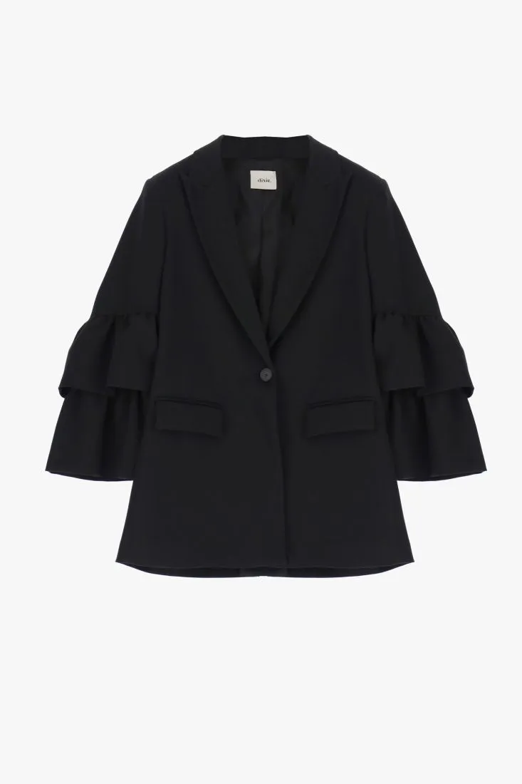  Solid-colour single-breasted blazer with ruffled sleeves    