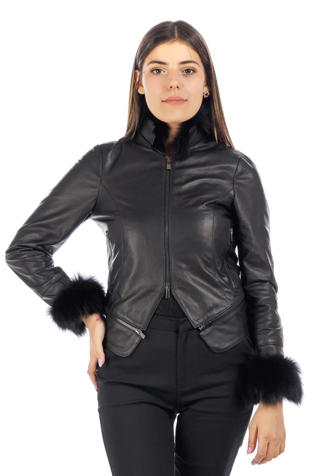 STAK women’s genuine leather jacket with black fox collar and cuff