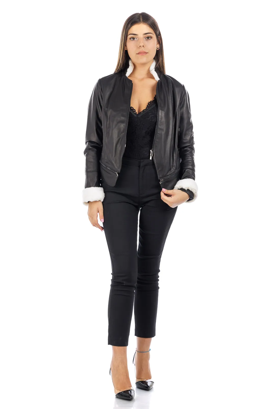 STAK women’s genuine leather jacket with white rex collar and cuff