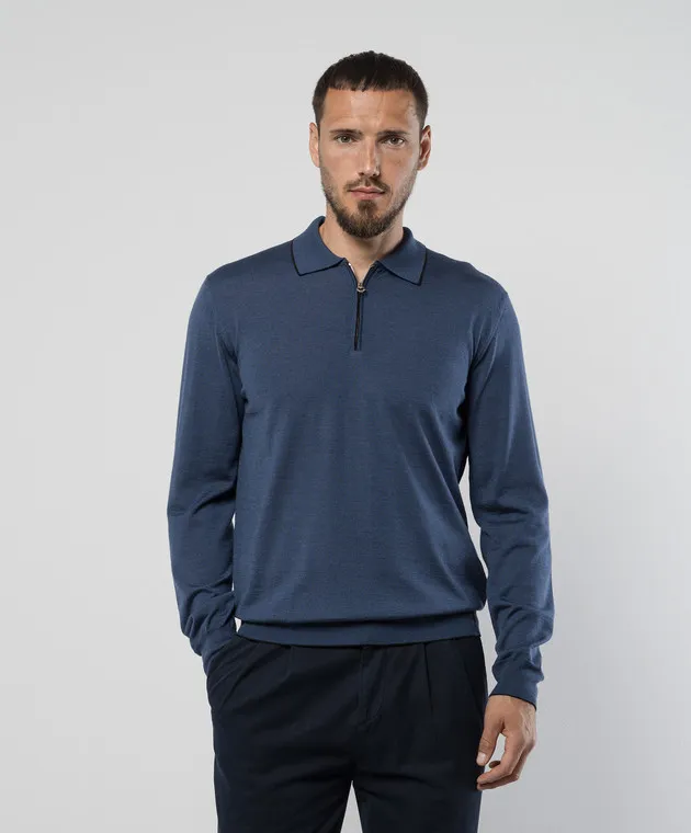 Stefano Ricci Polo blu in lana, seta e cashmere con motivo monogramma logo KE08004P30E24374