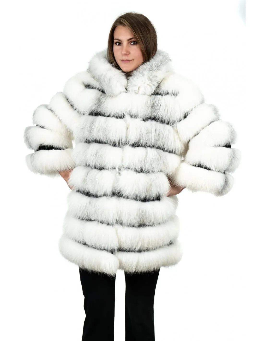 White genuine fox fur hooded jacket