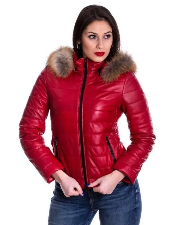 Women's red genuine leather down jacket