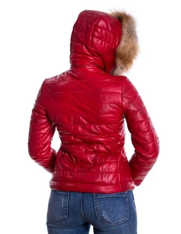 Women's red genuine leather down jacket