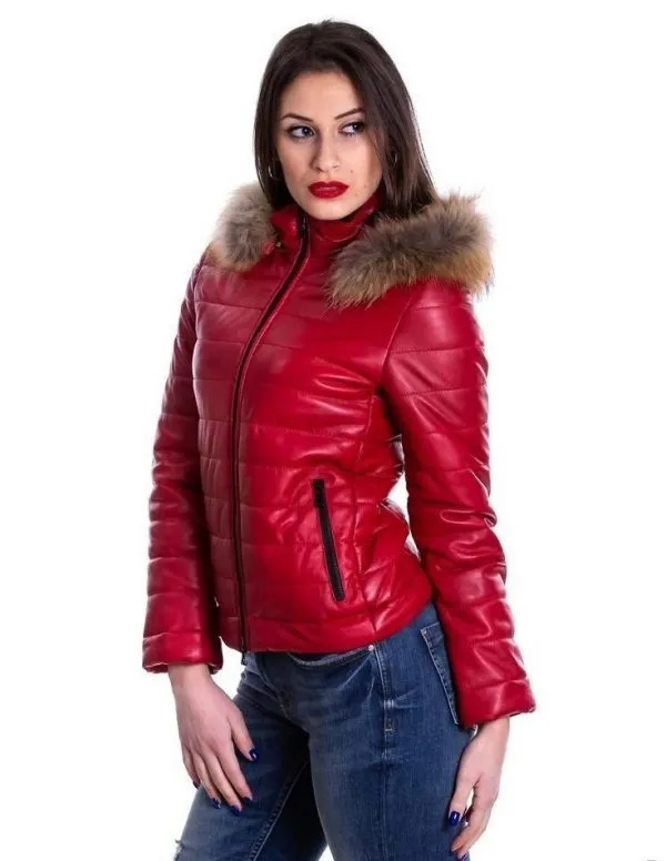 Women's red genuine leather down jacket