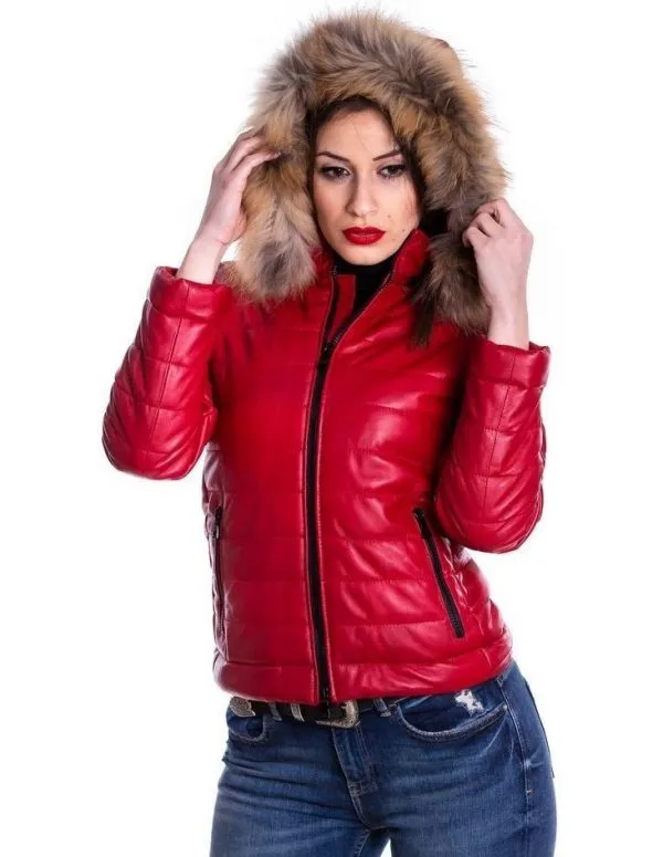 Women's red genuine leather down jacket