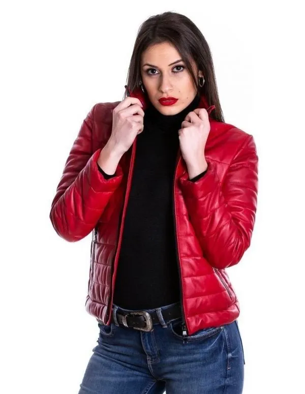 Women's red genuine leather down jacket