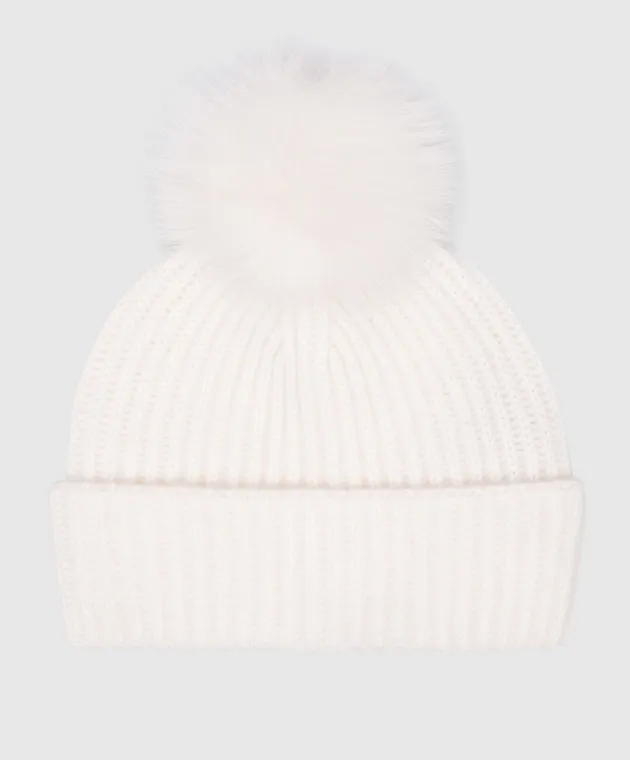 Yves Salomon Un cappello in cashmere bianco con pompon in pelliccia 23WAA524XXMACA